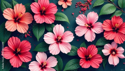 Bold vibrant hibiscus blossoms, tropical repeat, floral seamless pattern, seamless floral pattern