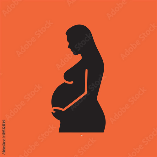 Pregnant woman silhouette on orange background