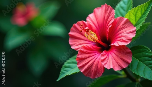 Intricate hibiscus blossoms, vibrant petals, lush green leaves, print, nature, textile