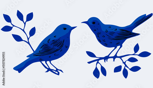 Simple Hand Drawn Linocut Style Vector Illustration � Natural Spring Birds Print, Poster, and Logo Design Template