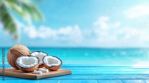 Tropical delight, fresh coconuts on rustic wooden table under a vibrant blue sky