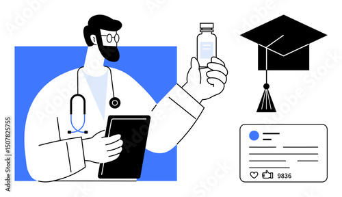 Doctor examining medicine bottle, holding a tablet. Adjacent graduation cap and social media card. Ideal for healthcare, education, digital innovation, social media, career growth, online learning