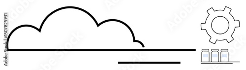Cloud outline connected with linear elements, gear symbol, and jars representing data storage. Ideal for technology, innovation, infrastructure, data management, software development, automation