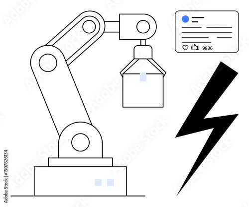 Robotic arm operating, social media post statistics, and lightning bolt graphic convey concepts of automation, technology, productivity, and energy. Ideal for innovation, marketing, energy robotics