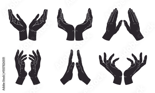 Hands silhouettes. Cartoon human hands signs, hand palms gestures flat vector illustration set. Hands signs silhouettes