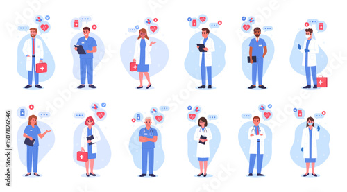 Hospital workers. Medical doctors and hospital staff, professional surgeon, therapists or neurologist characters flat vector illustration set. Doctors of medicine wearing uniform