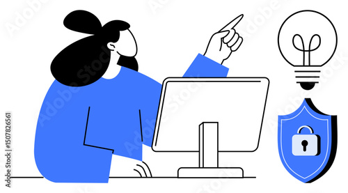 Woman interacting with computer points toward light bulb symbolizing ideas and shield with lock for security. Ideal for innovation, technology, security, creativity, problem-solving, business