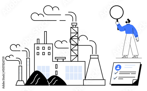 Factory emitting smoke with chimneys, a worker holding a magnifying glass, checklist document. Ideal for industry, pollution, environmental impact, inspection, energy production, workplace safety