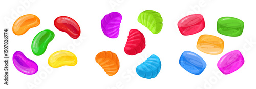 Jelly gummies. Cartoon fruity candies, delicious chewy sweets with various flavors flat vector illustration set. Jelly sweets collection on white