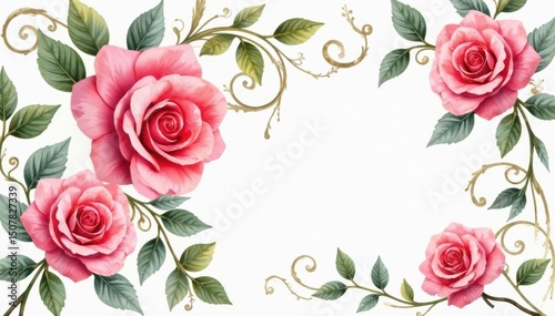 Intricate watercolor roses, swirling leaves, soft pastel hues, art, botanical