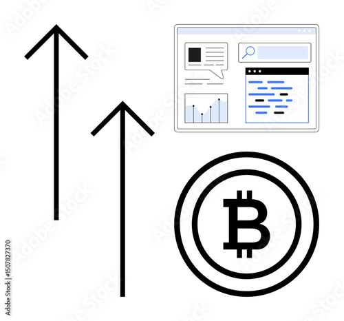Upward arrows signify growth, a screen with blockchain data suggests analysis, and a Bitcoin sign highlights cryptocurrency focus. Ideal for finance, technology, investment, analysis, blockchain