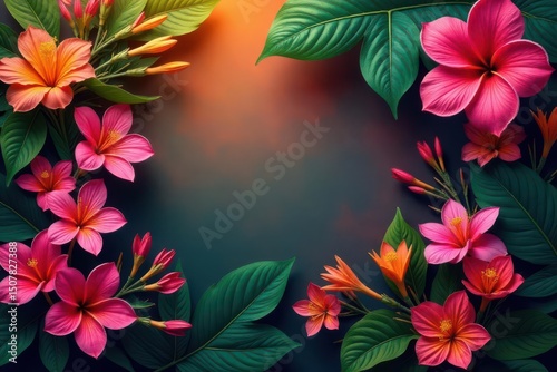 Bold tropical blooms, vibrant color palette, lush foliage, repeating pattern, seamless, pattern
