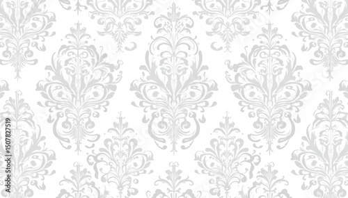 Subtle grey damask pattern on white background; fine lines & detail , white, damask, wallpaper
