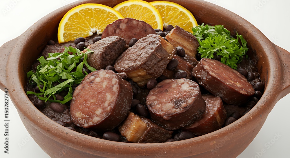 Authentic Brazilian Feijoada Stew with Black Beans Sausage and Orange Slices in Rustic Bowl Traditional Cuisine Isolated on White Background Authentic Brazilian Feijoada Stew with Black Beans Sausage and Orange Slices in Rustic Bowl Traditional Cuisine Isolated on White Background