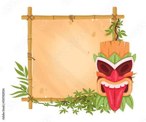 Totem sign frame. Bamboo sign board with wooden mask, tiki tribal totem bamboo frame flat vector illustration. Hawaiian or african aboriginal totem on bamboo frame