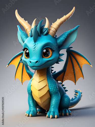 Little cute dragon with horns and big ears.