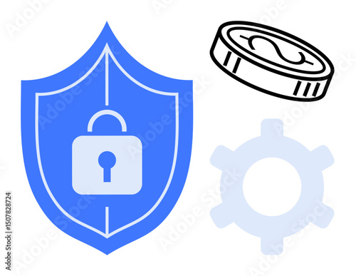 Blue shield with a central lock, a coin with a dollar sign, and a gear symbolizing protection, money, and operational efficiency. Ideal for security, finance, technology, data management online