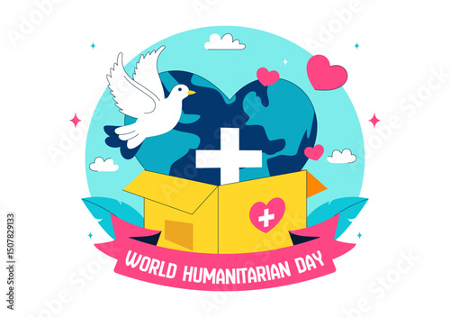 Vector Illustration for World Humanitarian Day Featuring Global Acts of Kindness, Charity, Volunteer Work, and Community Support in a Flat Background