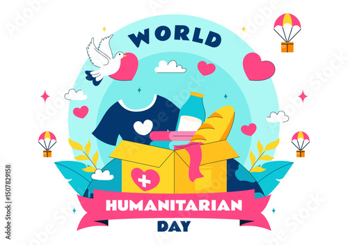 Vector Illustration for World Humanitarian Day Featuring Global Acts of Kindness, Charity, Volunteer Work, and Community Support in a Flat Background