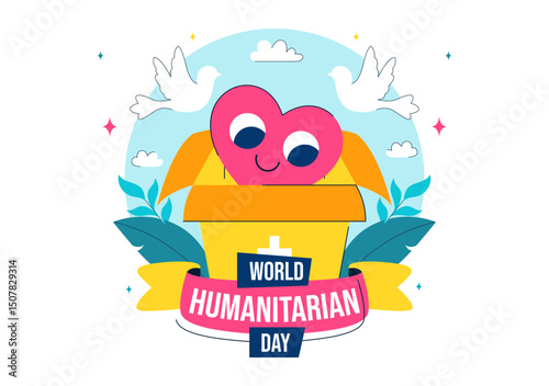 Vector Illustration for World Humanitarian Day Featuring Global Acts of Kindness, Charity, Volunteer Work, and Community Support in a Flat Background