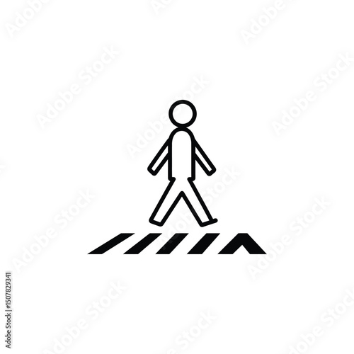 Simple stick figure confidently walks across a bold black and white striped crosswalk with transparent background