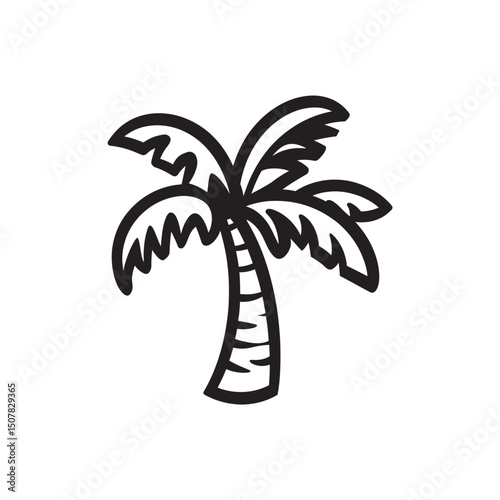 Simple stylized black palm tree features a trunk and large fronds on white