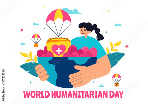 Vector Illustration for World Humanitarian Day Featuring Global Acts of Kindness, Charity, Volunteer Work, and Community Support in a Flat Background