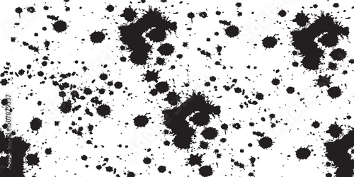 Paint splatter sprinkle seamless pattern with ink drops and dots. Black messy splashed ink backdrop. Monochromatic sprinkled watercolor dribble drizzle texture. Dirty spatter drops on white background