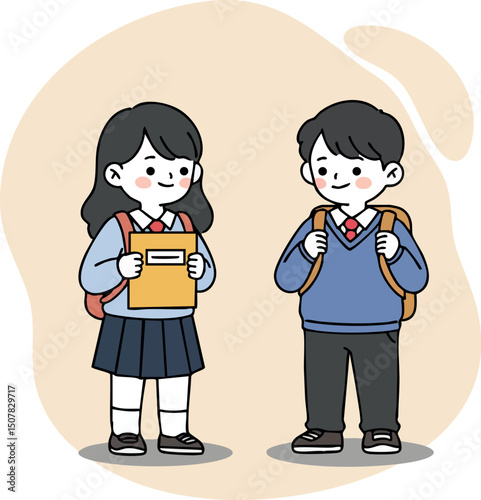 School children boy and girl holding book and backpack vector illustration in casual uniform