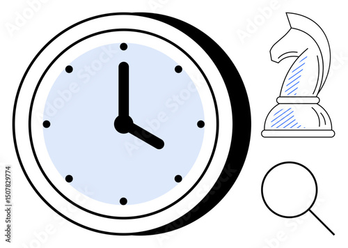 Clock with bold design next to chess knight and magnifying glass illustrates time, analysis, and strategy. Ideal for planning, decision-making, productivity, research, focus, problem-solving flat