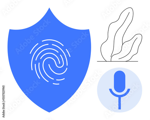 Blue shield with fingerprint, microphone icon in a circular frame, abstract plant line art. Ideal for cyber security, authentication, biometrics, voice search, technology, privacy protection simple