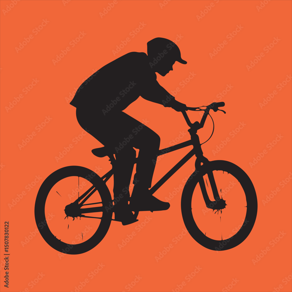 Obraz premium Silhouette of a person riding a bicycle on orange background