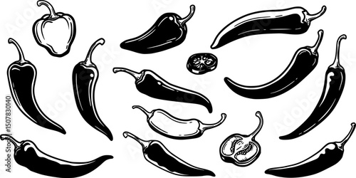 chili pepper line art, black outline, vector and illustration, coloring book page line art drawing
