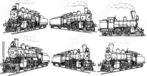 Set of Locomotive train silhouette, black and white silhouette, vector and illustration
