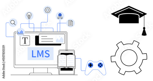Computer, book, gaming controller, graduation cap, gears, and icons for learning tools and concepts. Ideal for e-learning design, online education, technology in learning educational apps gaming in