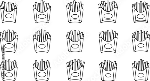 set of French fries line art, black outline, vector and illustration, coloring book page line art drawing

