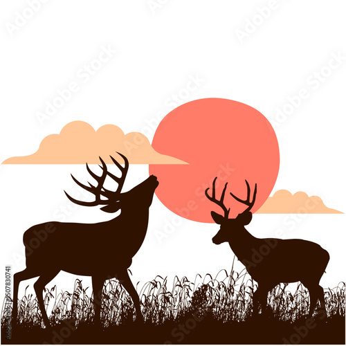 silhouette design illustration of deer in the meadow at dusk