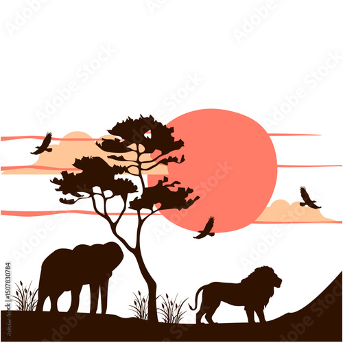 Illustration of animal silhouette design in the wild at dusk