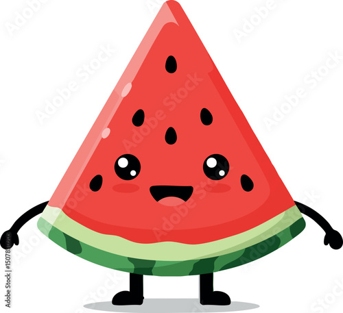 Cute anthropomorphic watermelon slice with happy face and limbs vector illustration