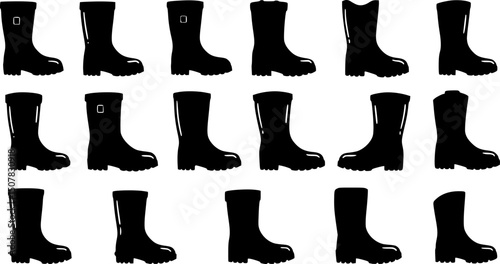 set of rubber boot doodle line art, black outline, vector and illustration, coloring book page line art drawing
