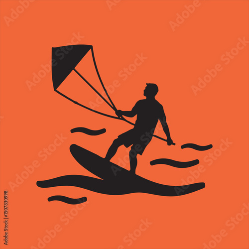 Kiteboarding silhouette on orange background