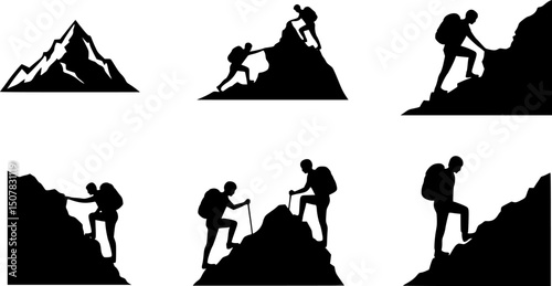 set of helping friend reach the mountain silhouette, black and white silhouette, vector and illustration
