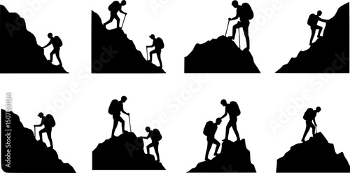 set of helping friend reach the mountain silhouette, black and white silhouette, vector and illustration
