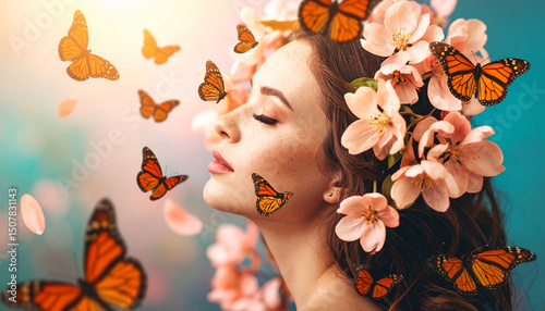 Woman with Butterflies and Flowers: A serene woman with flowers and butterflies adorning her hair, eyes closed in peaceful contemplation.  The image evokes a sense of natural beauty and tranquility. 