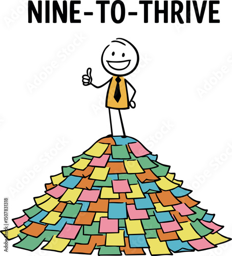 Stick figure man standing on colorful sticky notes pile with nine-to-thrive text vector illustration
