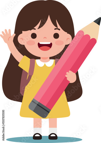 Girl holding large pink pencil smiling and waving vector illustration cheerful happy