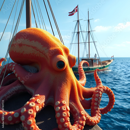 AI generated photo octopus next to a ship reck with blue ocean in background.