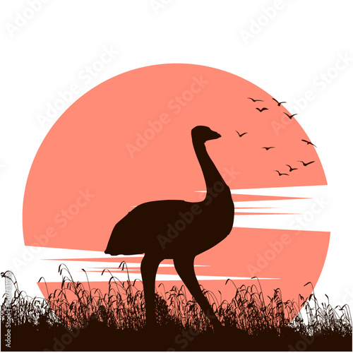 silhouette design illustration of an ostrich at dusk