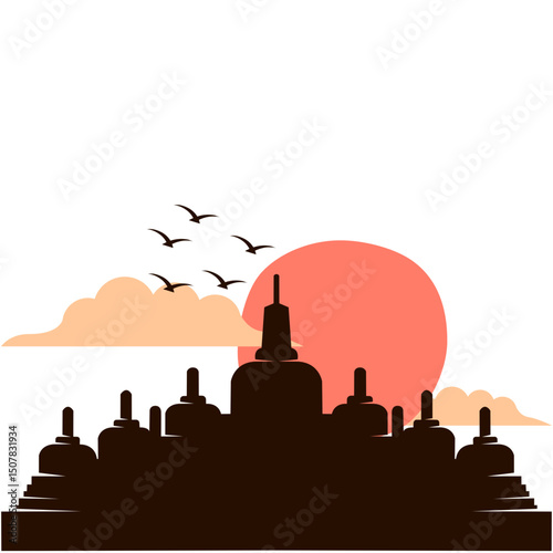 illustration of a temple silhouette design at dusk