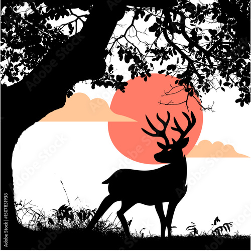 silhouette design illustration of a deer under a tree at dusk